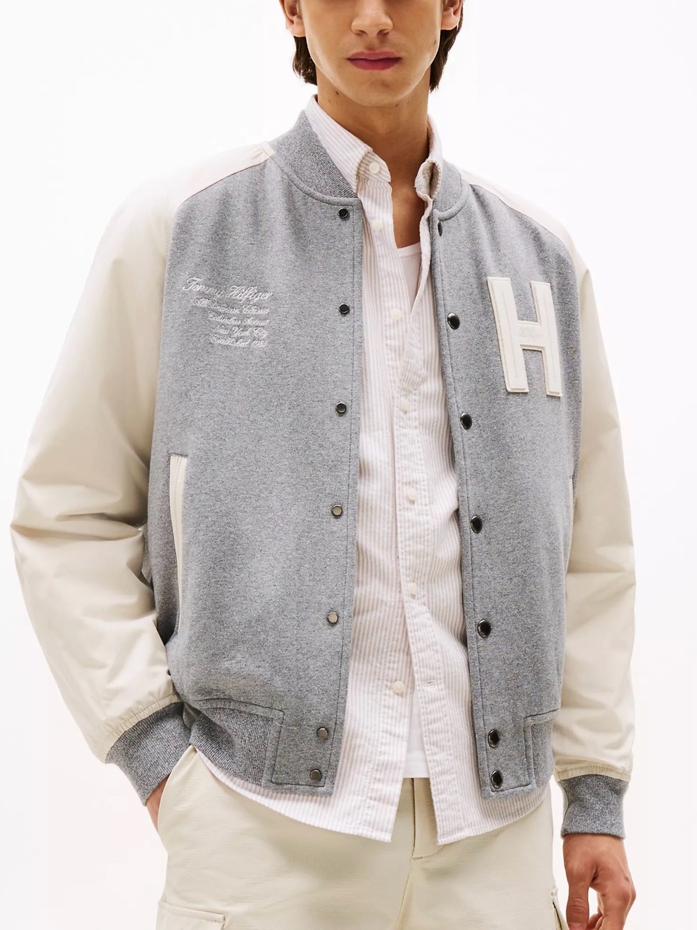 Tommy Hilfiger Men’s Grey/Cream Mixed Media Varsity Sweatshirt Bomber Size M